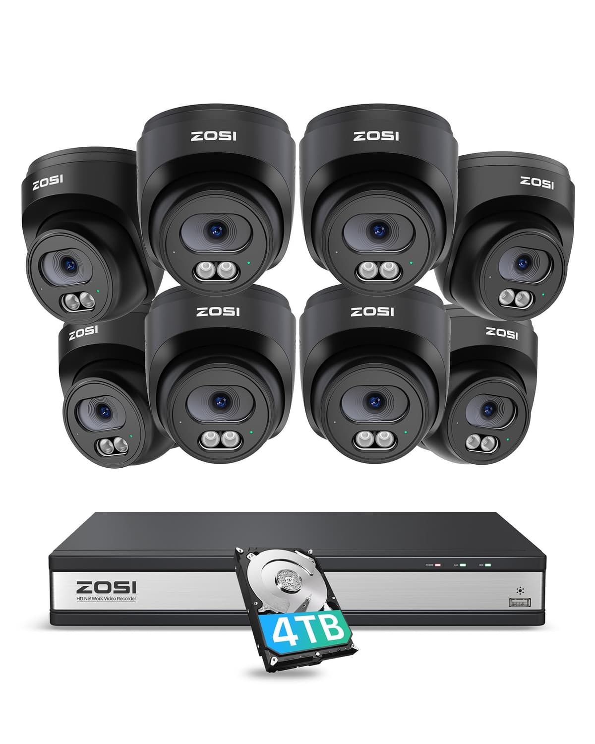 ZOSI C220 Sistema de cámaras de seguridad para el hogar PoE 4K de 16 canales, NVR 4K 8MP de 16 canales con HDD de 4TB para grabación 24/7, 8 cámaras IP tipo domo 4MP (1440p) QHD 2.5K para exterior e interior, detección inteligente de humanos, audio bidireccional 168K4-2204B8-US