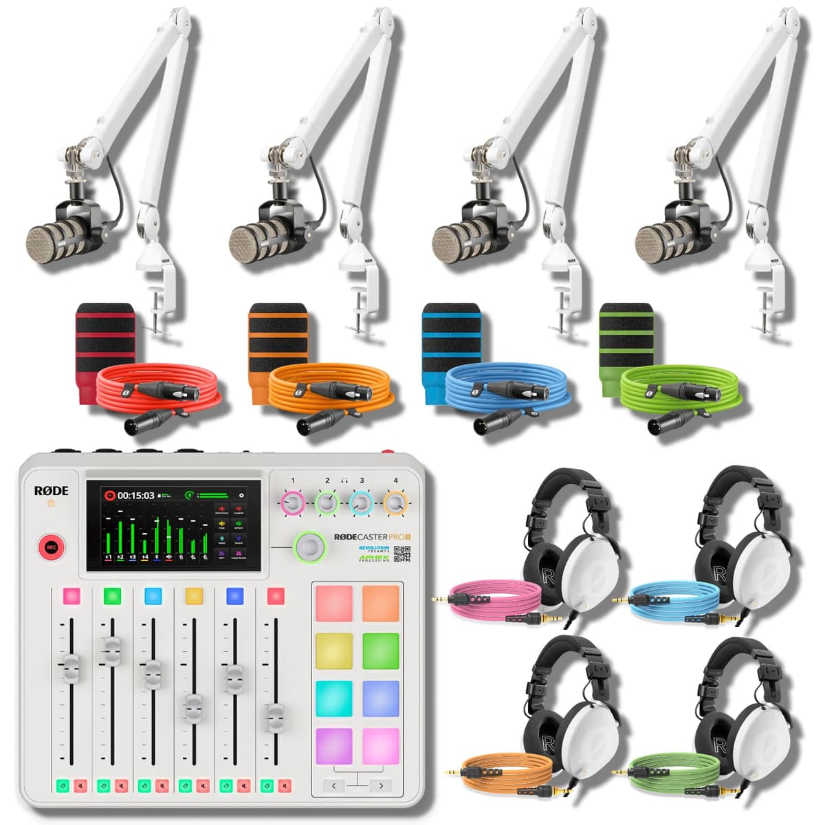 StreamEye Rode RODECaster Pro 2 Blanco Ultimate Bundle con 4 PodMics, PSA1+, NTH-100 y Accesorios RODECaster Pro 2 (White Ultimate Bundle)