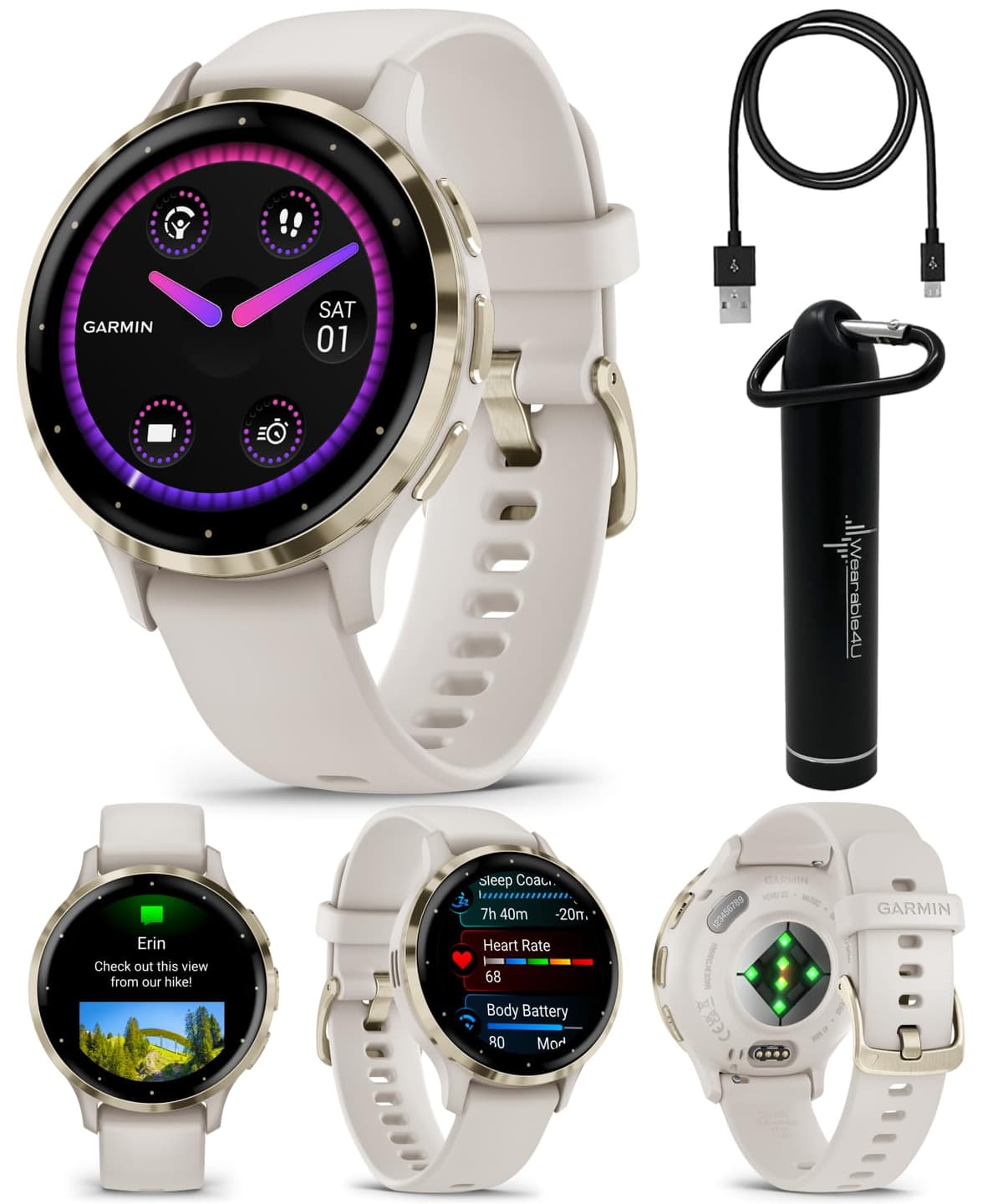 Wearable4U Garmin Venu 3S GPS Smartwatch, pantalla AMOLED 41 mm, funciones avanzadas de salud y fitness, hasta 10 días de batería, modo silla de ruedas, entrenador de sueño, estuche marfil con power bank incluido wa001