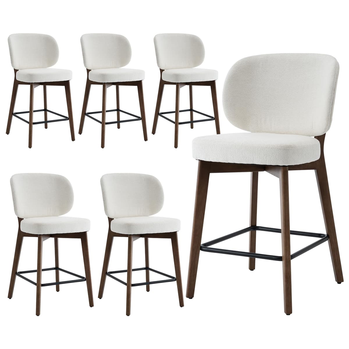 YOUNIKE Beige Juego de 6 Taburetes de Barra de 26.8" de Altura Estilo Mid Century Moderno Patas de Madera Maciza Asiento Tapizado en Tela Silla de Barra para Isla de Cocina 20" de Ancho con Respaldo Alto