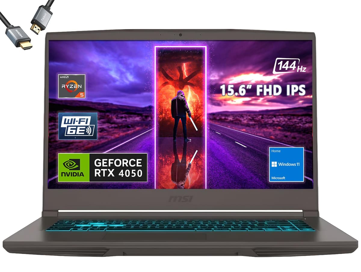 MSI Thin 15 15.6” 144Hz Laptop para Gaming, AMD R5-7535HS, RTX 4050, Windows 11, con HDMI (64GB RAM | 2TB SSD PCIe)