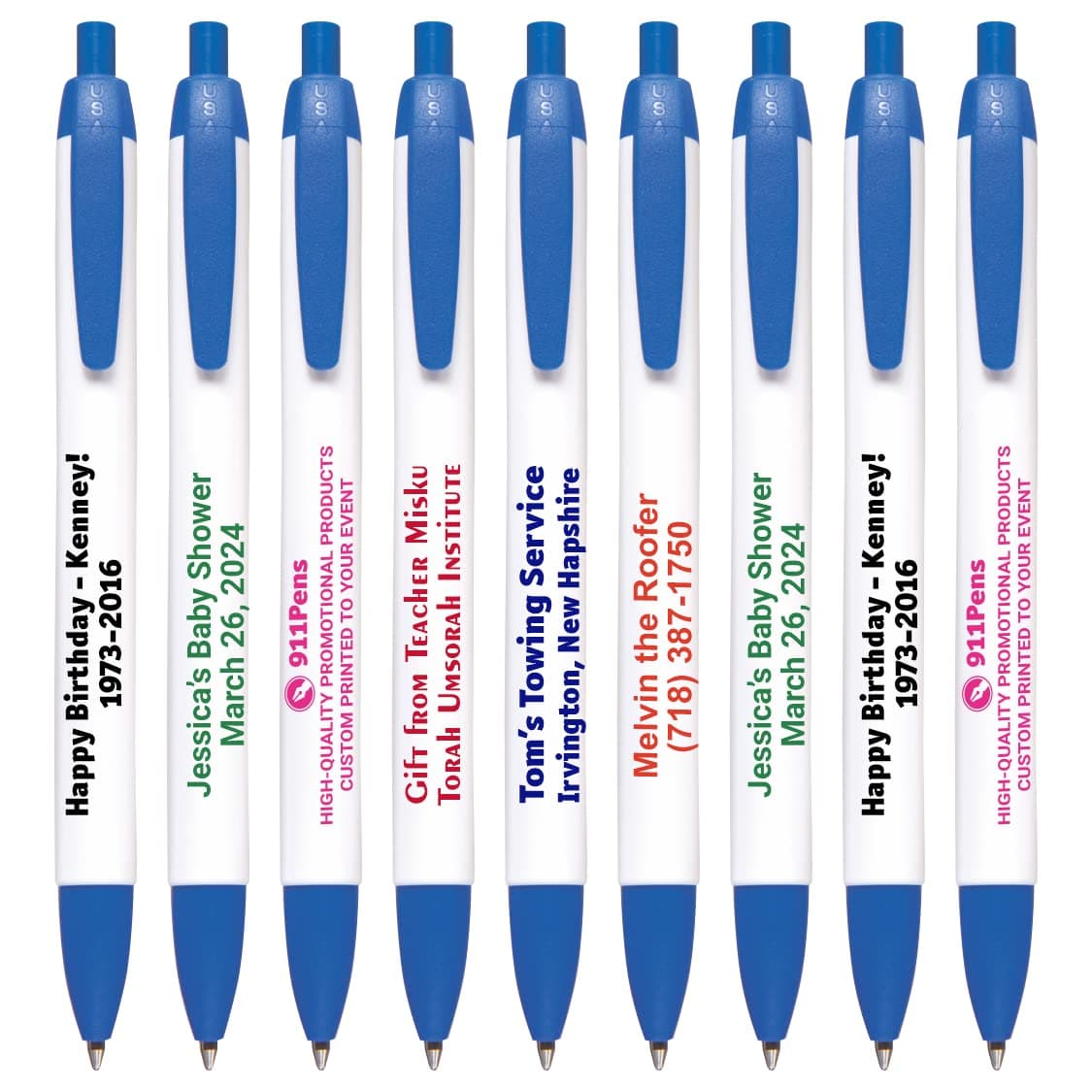 911 Pens 1000 unidades bolígrafos personalizados clic, barril ancho blanco con detalle azul, impresión de logo personalizable 125W-1000-Blue