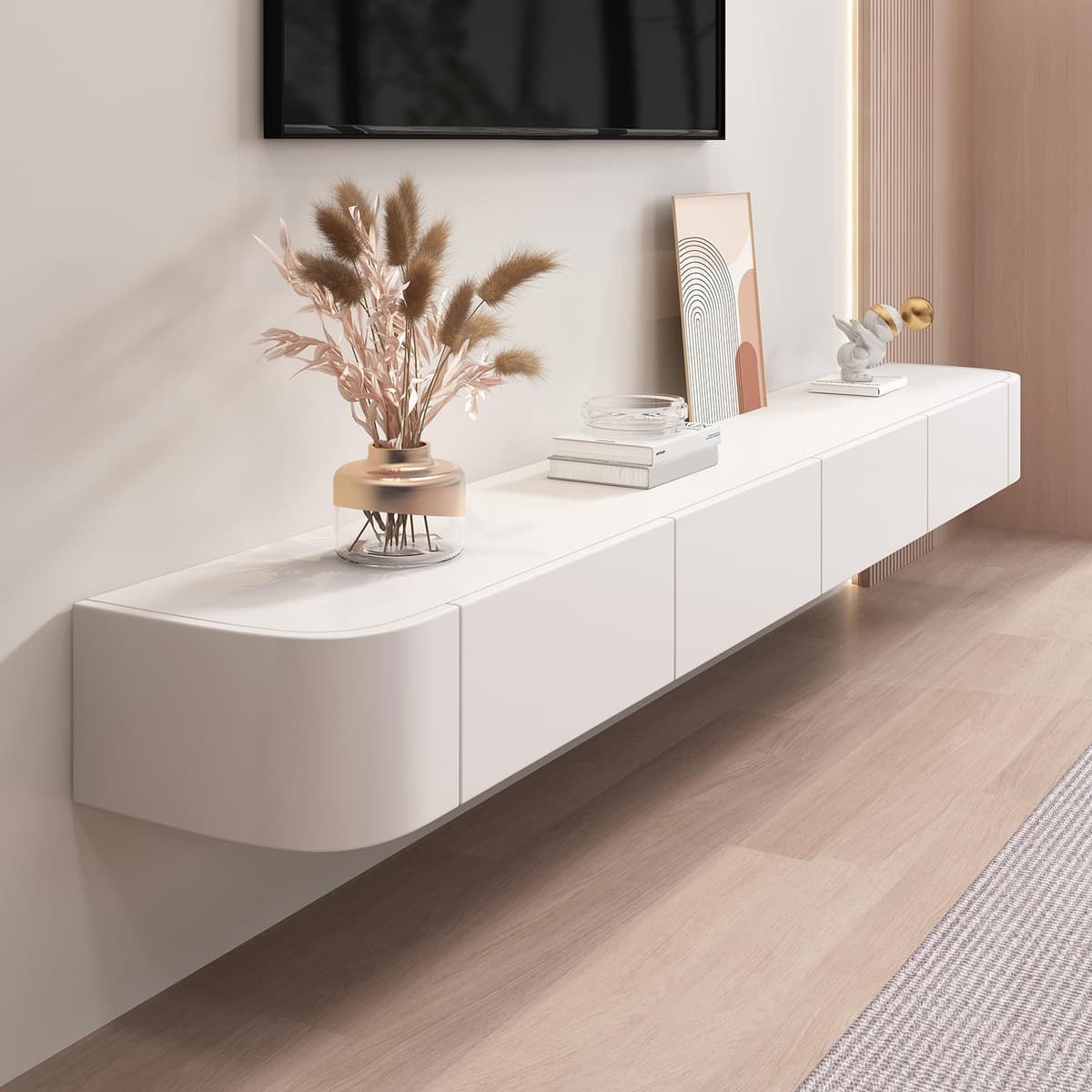 Mueble TV flotante HZAPFUE con 2 cajones, estante de pared para audio/video (Blanco, 118.11x7.87x9.45IN) HYX US