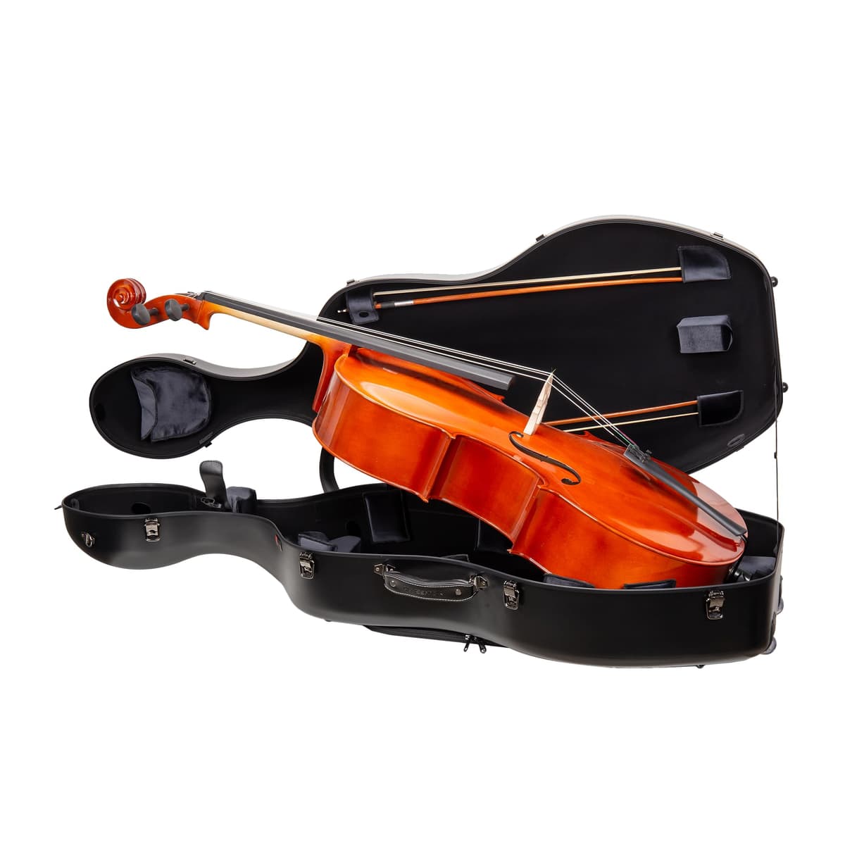 Estuche Crossrock Poly Carbon para cello 4/4 con interior de terciopelo negro, ruedas y bolsillo para partituras CRF4050CEFBK