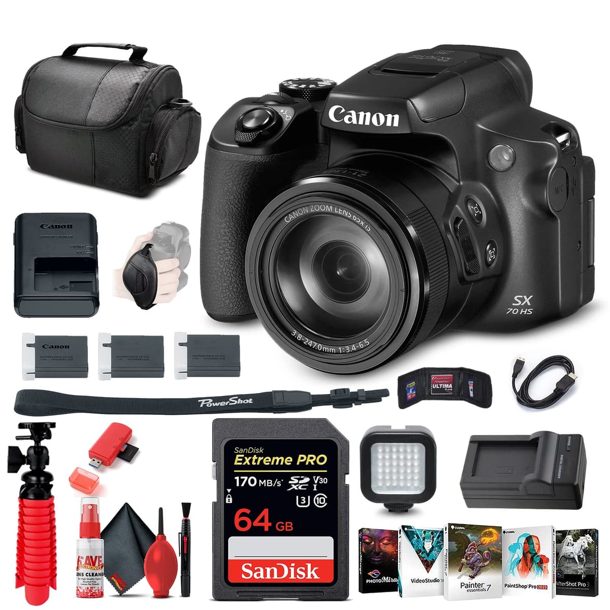 Cámara digital Canon PowerShot SX70 HS (3071C001) + Tarjeta 64GB + Software Corel Photo + 2 x Batería LPE12 + Cargador externo + Lector de tarjetas + Luz LED + Cable HDMI + Bolso suave de lujo + Más (Reacondicionado) 3071C001_EDIV_3-RE