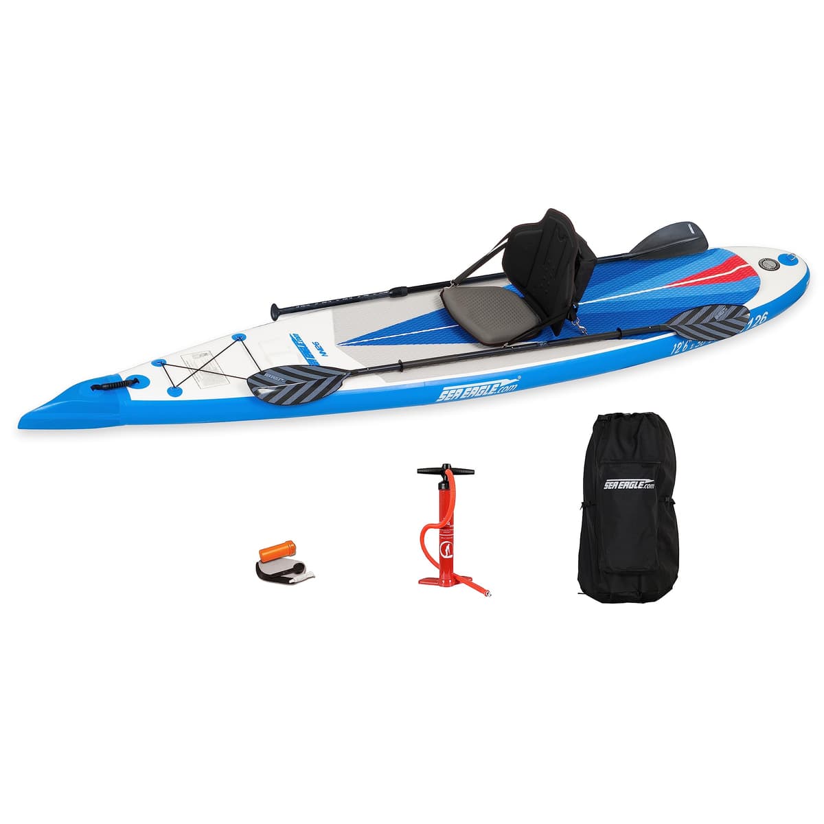 Tabla de Paddle Inflable Sea Eagle NeedleNose 12’6” Ligera de Alta Presión con Drop Stitch, Proa Perforadora de Olas Patenteada, con Remo SUP, Bomba, Skeg Deslizante y Mochila (Paquete NN126 Pro) NN126K_P