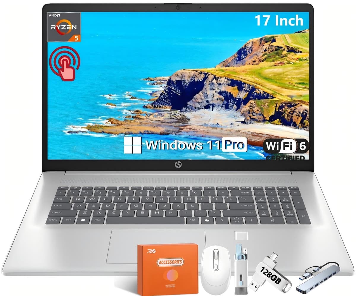 HP Laptop 17, pantalla táctil HD+ de 17.3" (1600x900), AMD Ryzen 5 7430U (6 núcleos), 16 GB RAM, SSD de 1 TB, gráficos AMD Radeon, Wi-Fi 6, Bluetooth 5.4, webcam HD, carga rápida, tecla Copilot, Windows 11 Pro