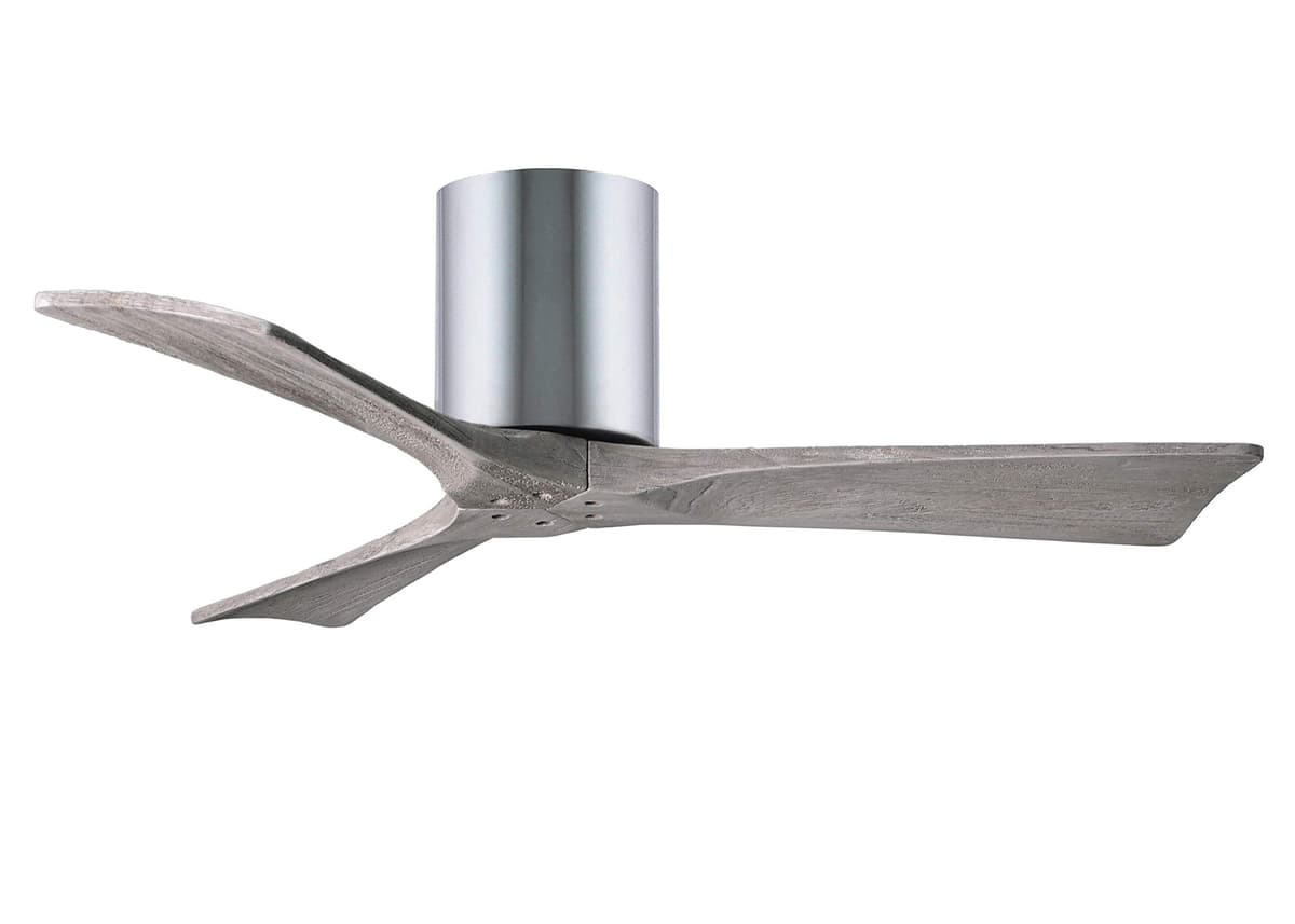 Matthews IR3H-CR-BW-42 Irene 42" Hugger Ceiling Fan Interior/Exterior Damp Rated con Control Remoto y de Pared, Motor DC Silencioso, 3 Aspas Barn Wood, Cromo Pulido