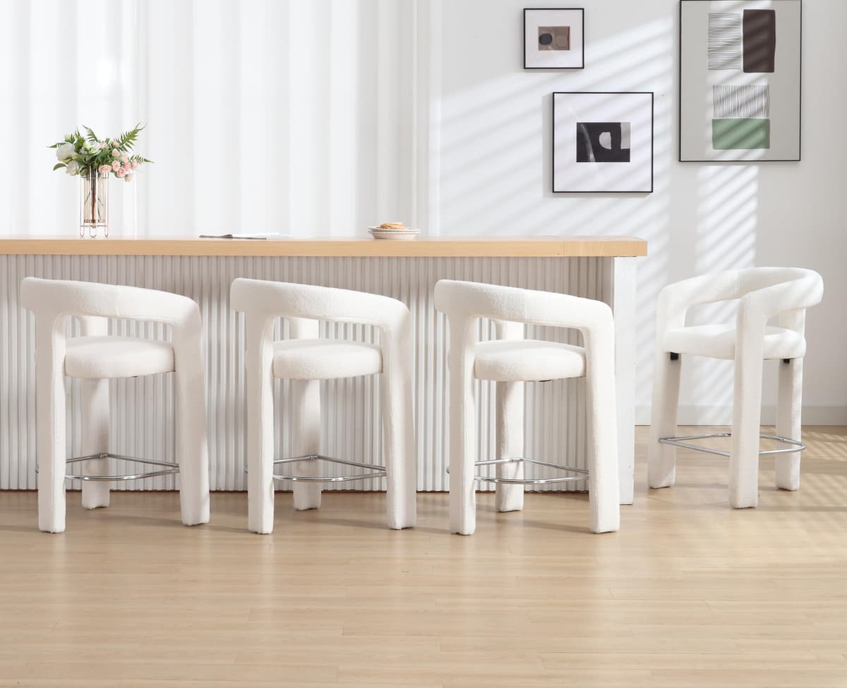 EALSON Set x4 Bouclé Taburetes de Barra 26" Blanco - Diseño barril con respaldo abierto y brazos ESPHL-SY55011CS-WNO-AWH-1-LX4