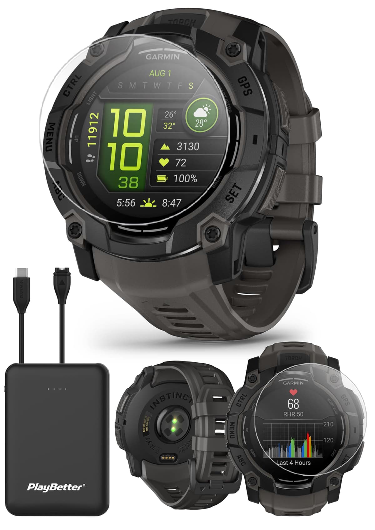 PlayBetter Garmin Instinct 3 50 mm (Negro/Carbón) AMOLED Reloj GPS Inteligente Resistente para Exterior - Bisel Metálico, Linterna Integrada, Larga Duración de Batería, Cargador Portátil y Protectores de Pantalla HD 010-03020-00 (Watch) | Z05 (Charger)