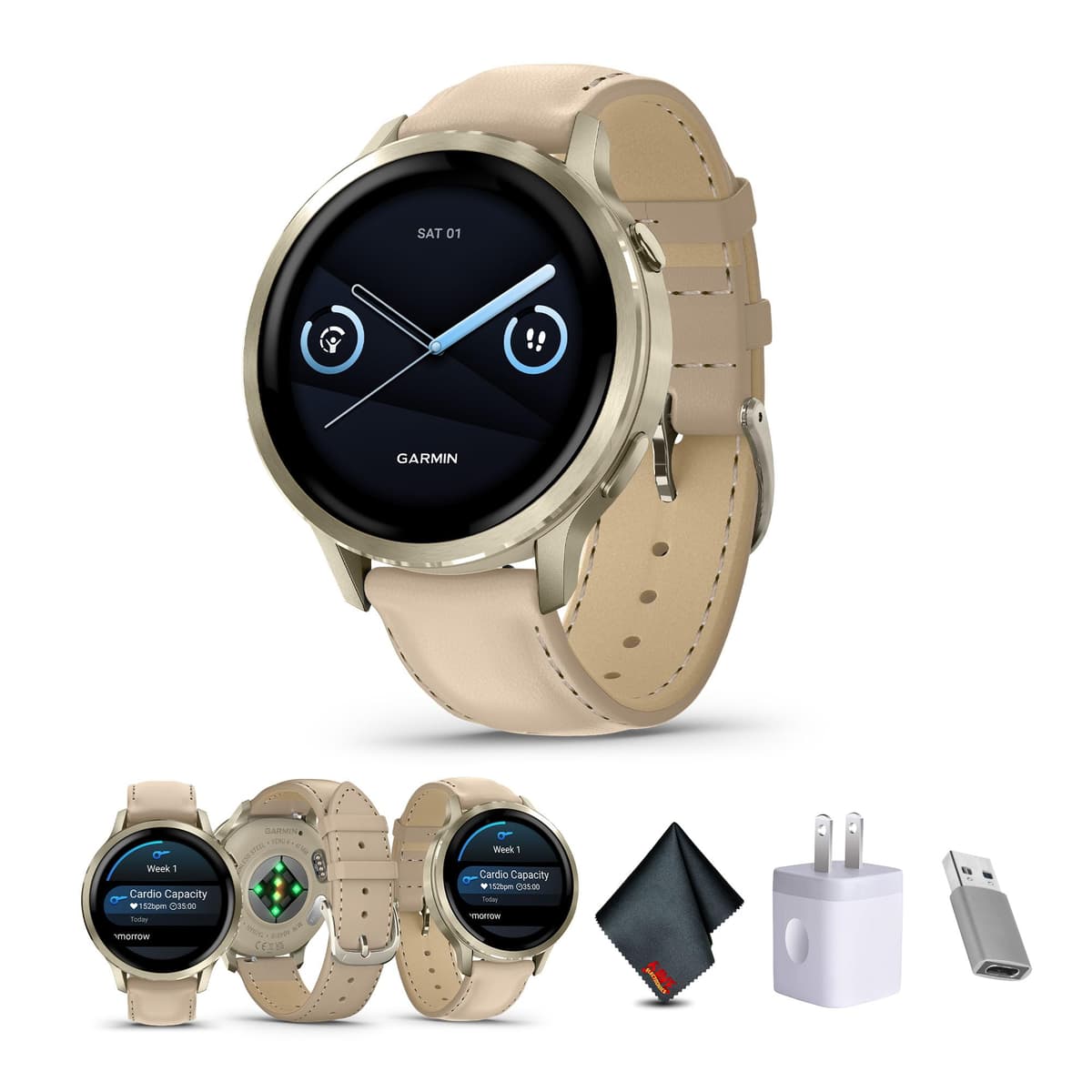 Garmin Venu 4 41mm - Smartwatch GPS y entrenador avanzado (Lunar Gold, correa cuero Light Sand) 010-03013-03-AG2-1