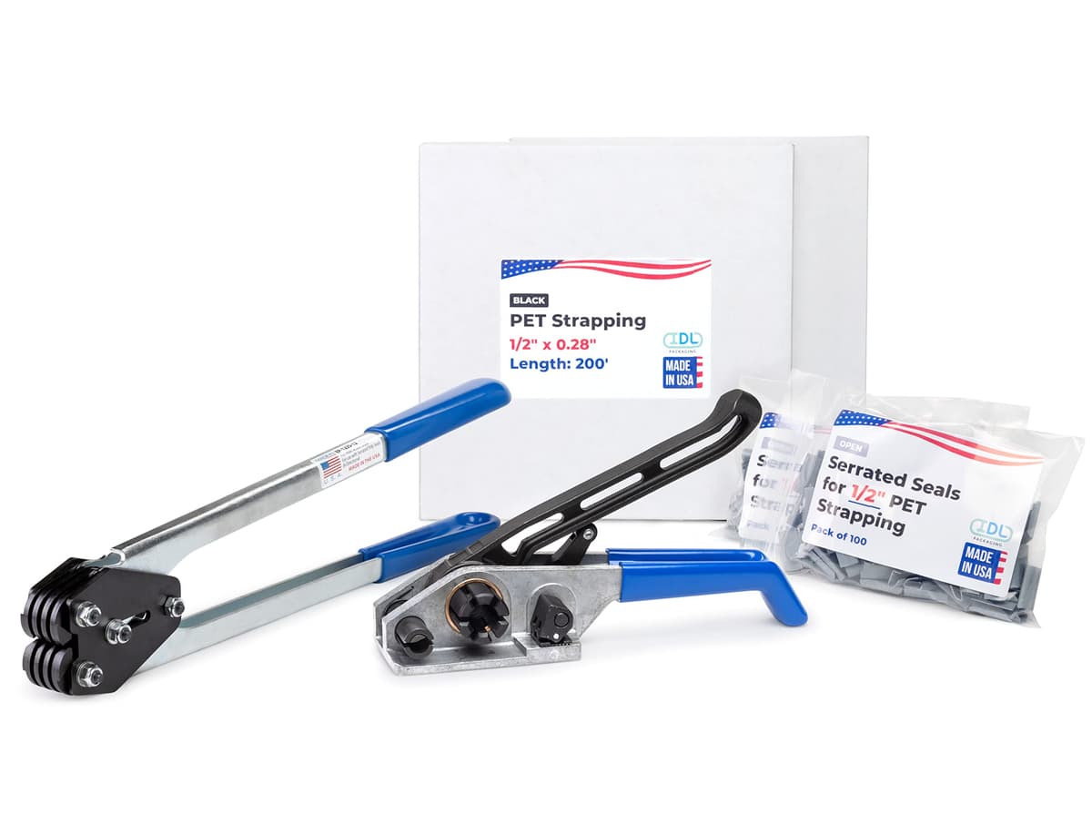 IDL Packaging Kit de flejes PET 1/2" x 400' (760 lbs) - 200 sellos incluidos US-PSK.12.400