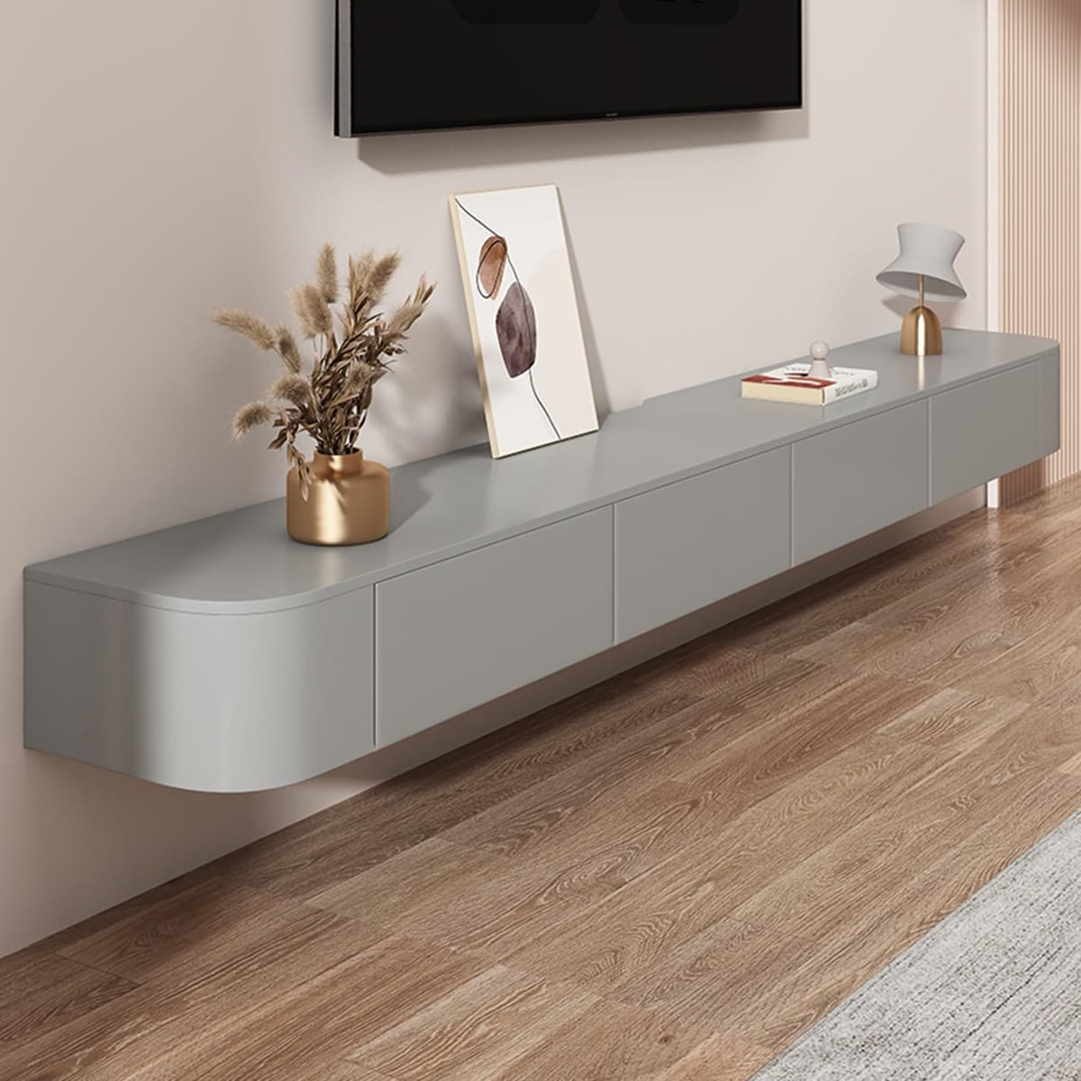 Mueble TV flotante HZAPFUE con 2 cajones, estante de pared para audio/video (Gris, 118.11x7.87x9.45IN) HYX US