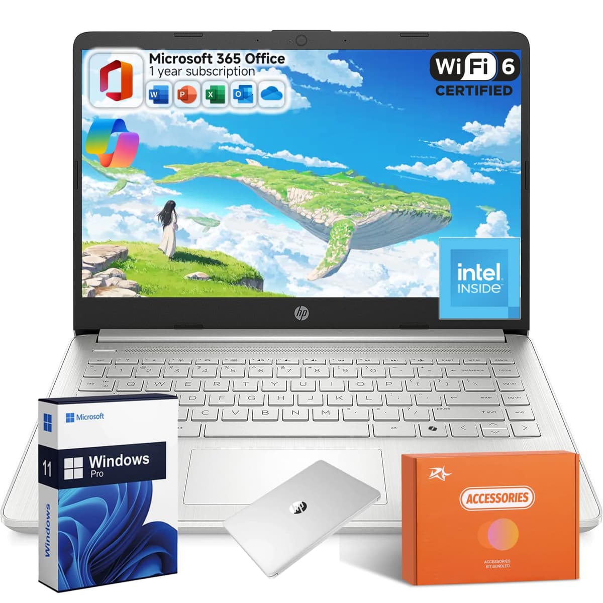 HP 2025 Portátil Estudiantil de 14 pulgadas, Intel N150,1 Año Microsoft 365 y Copilot, Windows 11 Pro, 16GB RAM, 384GB Almacenamiento (128GB UFS + 256GB MSD), Cámara HD, Carga Rápida, Wi-Fi 6, Accesorios, Plata Natural HP 14 Laptop