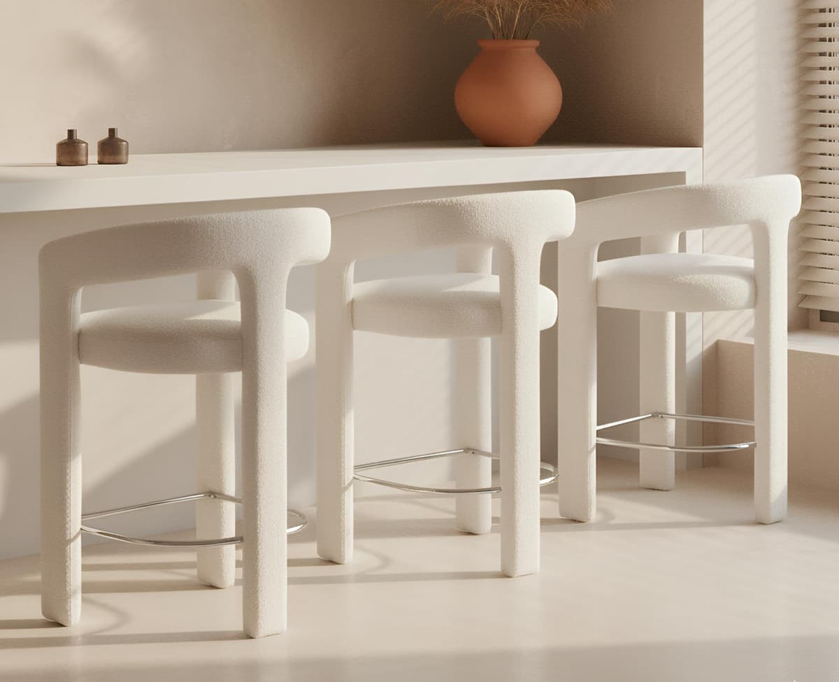 EALSON Set x3 Bouclé Taburetes de Barra 26" Blanco - Diseño barril con respaldo abierto y brazos ESPHL-SY55011CS-WNO-AWH-1-LX3