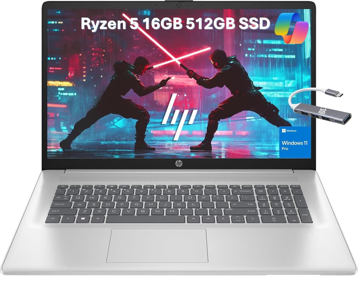 HP 17 Laptop (17.3" FHD Antirreflejo, AMD Ryzen 5 5500U de 6 núcleos, 16GB RAM, 512GB SSD, Bisel Estrecho) Home & Business, Larga Duración de Batería, Cámara Web, Wi-Fi, Teclado Numérico, Carga Rápida, IST Hub, Windows 11 Pro, Plateado 17-cp0012nr