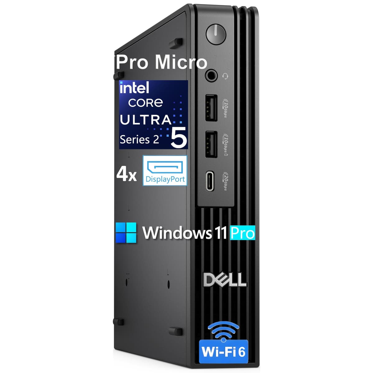 Dell Pro Micro Desktop, Mini PC con IA, Ultra 5 235T de 14 núcleos hasta 5.0 GHz, NPU 13 TOPS, 64GB DDR5, 2TB SSD, WiFi 6, Bluetooth, 4x DP, Windows 11 Pro