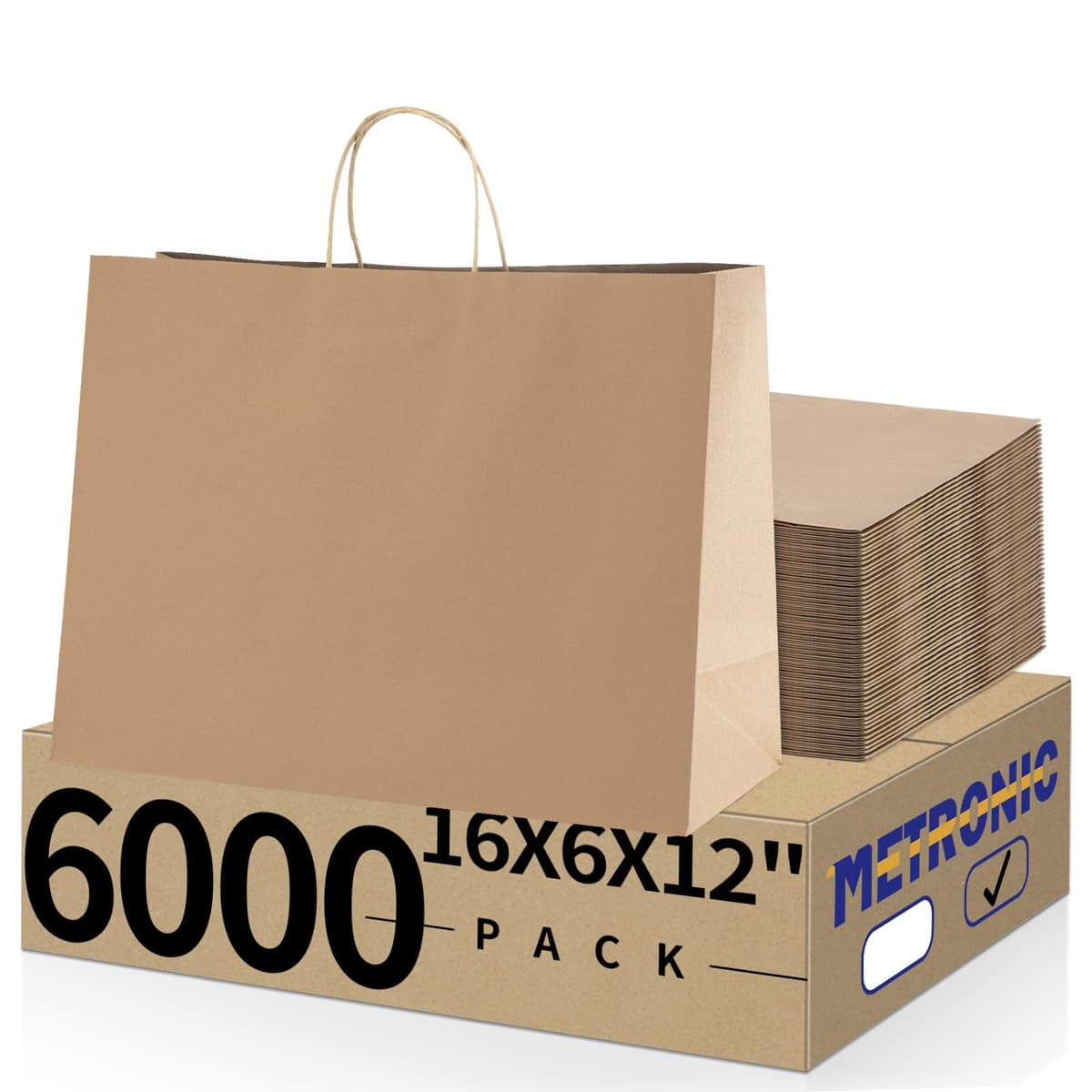 METRONIC Kraft Paper Gift Bags with Handles 16x6x12 Inch - 6000 Pack (Brown)