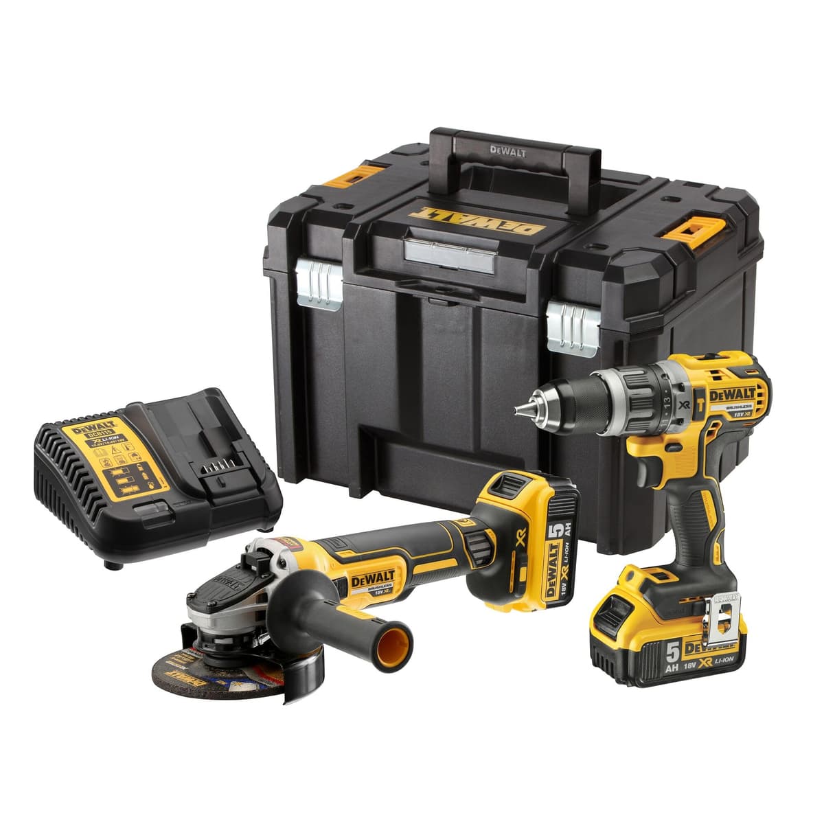 DEWALT DCK2080P2T-QW - Kit XR 18V: Taladro Percutor DCD796 + Amoladora DCG405 + 2 baterías 5Ah + Maletín TSTAK VI