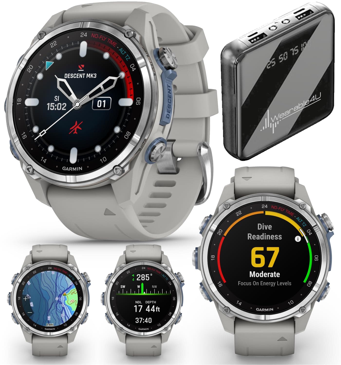 Wearable4U Garmin Descent Mk3i 43 mm Titanium Dive Computer Bundle (010-02753-03)