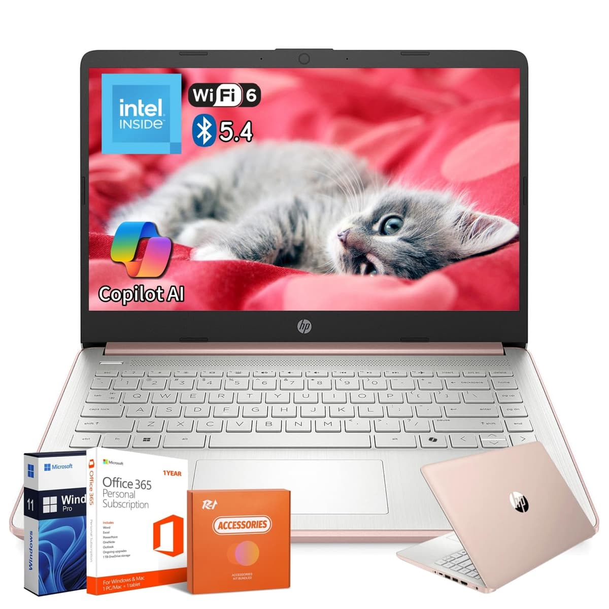 HP 2025 Laptop de 14", Procesador Intel N150, Copilot AI, 16 GB RAM, 384 GB Almacenamiento (128 GB UFS + 256 GB SSD), Wi-Fi 6, BT 5.4, Cámara 720p, 1 año Office 365, Windows 11 Pro, con accesorios, Rosa Dorado 14-dq6015dx