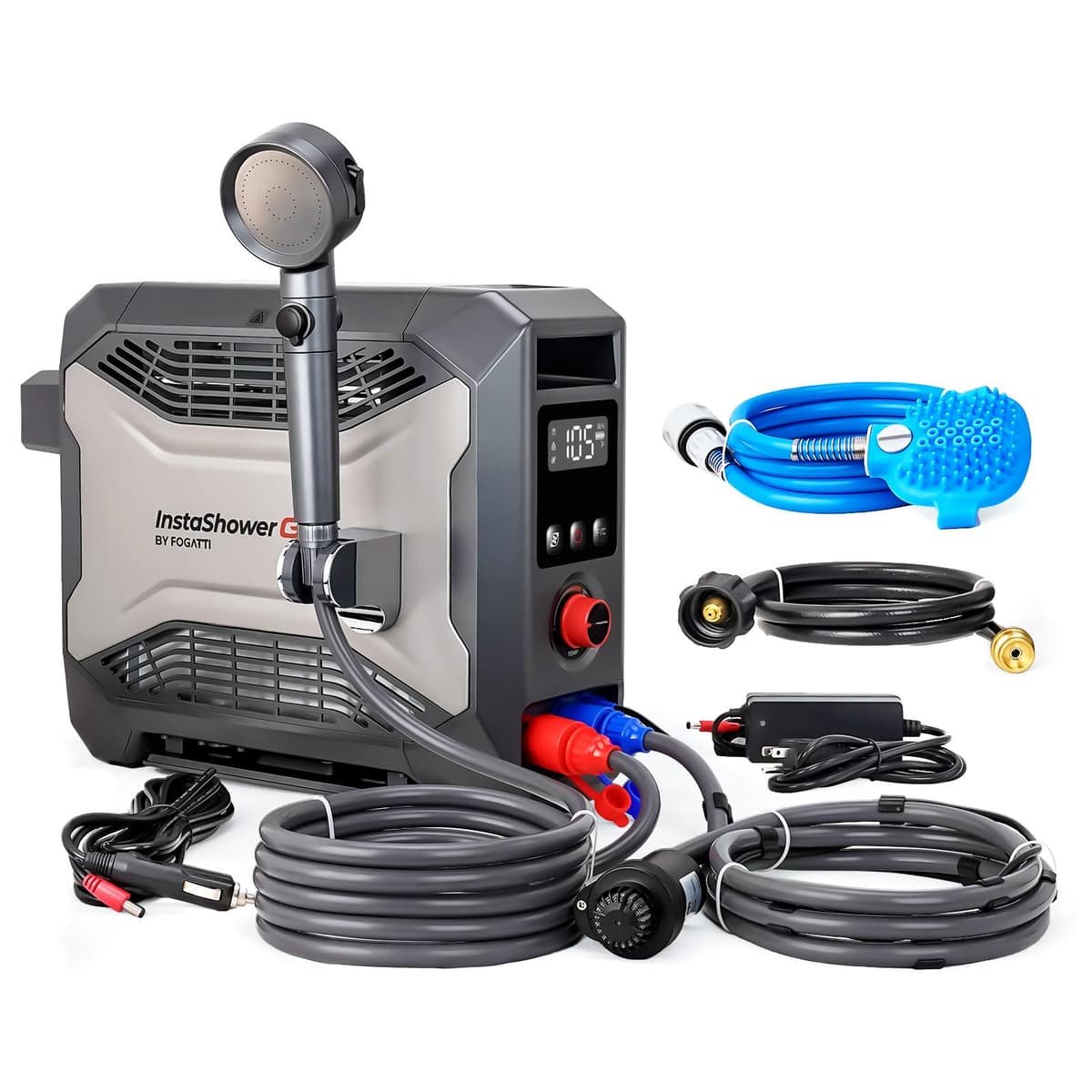 FOGATTI InstaShower GO Pro Calentador de agua portátil sin tanque 22,000 BTU con batería 5000mAh y bomba 12V WCUP-FP22AG-A1