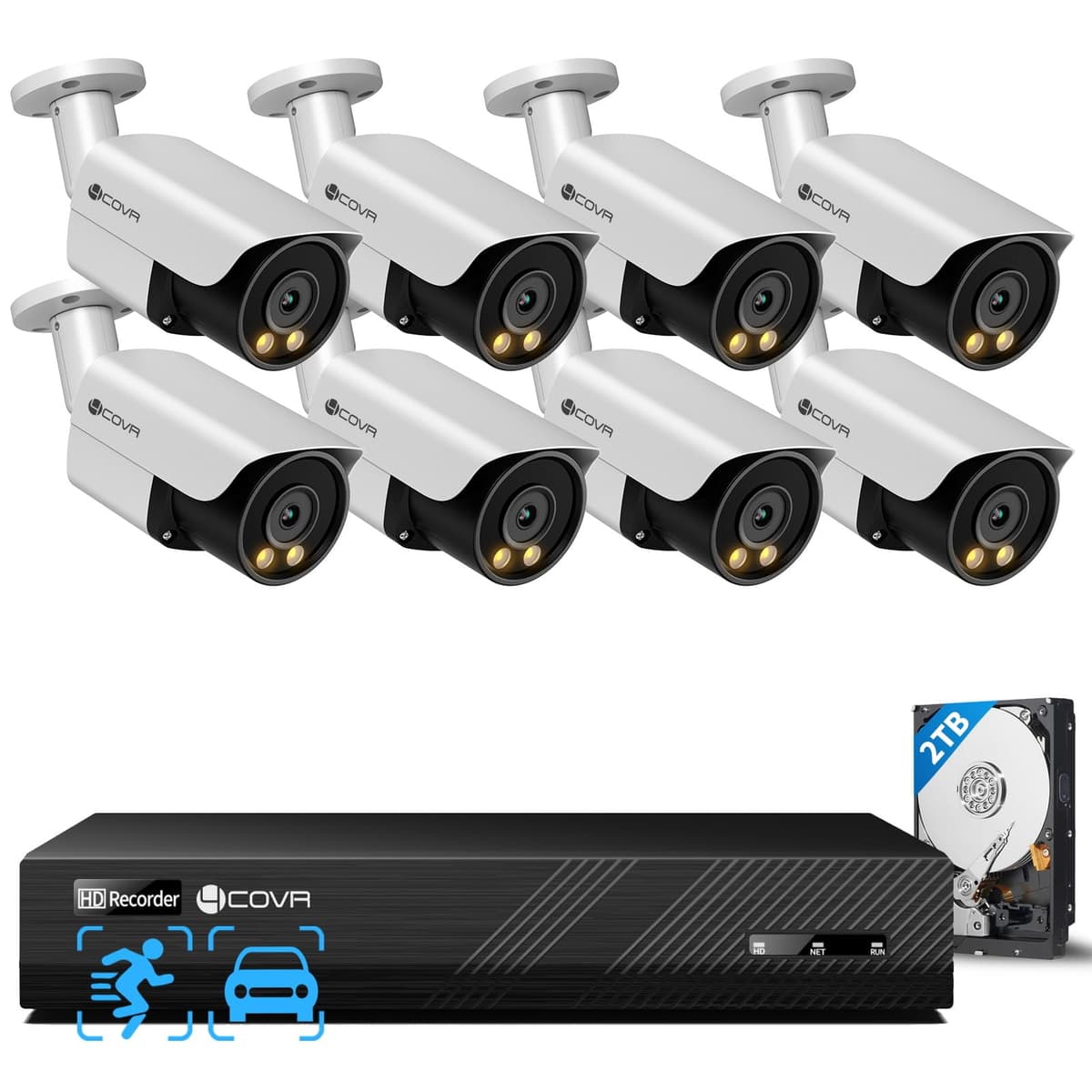 Forcovr Sistema de Cámaras de Seguridad PoE 4COVR 4K 8CH, Audio Bidireccional y Visión Nocturna a Color Inteligente, 8 Cámaras Bullet PoE IP 8MP, Detección AI de Personas/Vehículos, IP67 Resistente al Clima, NVR 2TB, Grabación 24/7, LY37YX8M0808-1