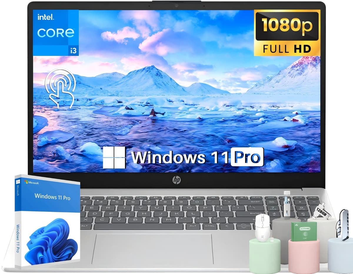 HP Laptop táctil de 15.6" para negocios y estudiantes - Procesador Intel i3 de 6 núcleos (hasta 4.4 GHz), 32 GB RAM, SSD de 2 TB, GPU Intel UHD, Wi-Fi 6E, larga duración de batería, Windows 11 Pro con Copilot, con accesorios