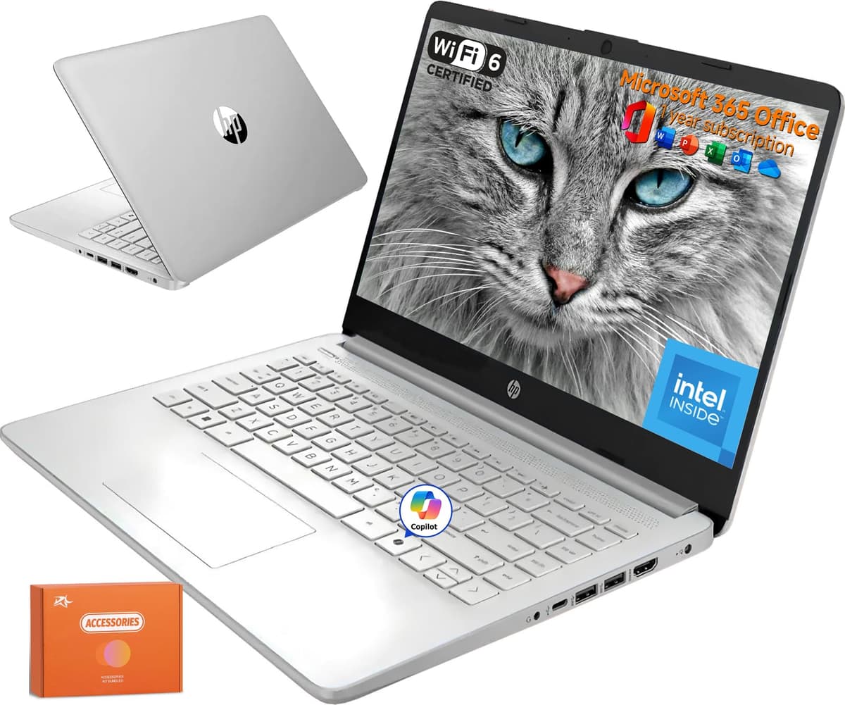 HP 2025 Nuevo portátil de 14 pulgadas para estudiantes y negocios, Intel N150, 16GB RAM, 384GB almacenamiento (128GB UFS + 256GB MSD), Wi-Fi 6, Copilot AI, 1 año Microsoft 365, Windows 11 Pro, plateado, con mouse