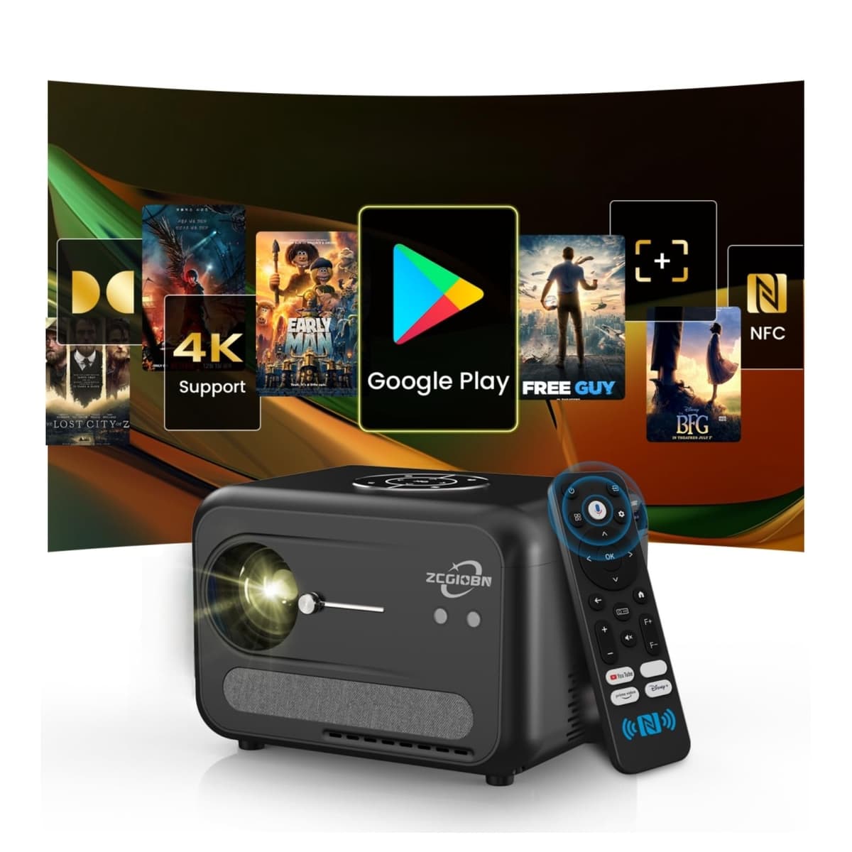 ZCGIOBN Proyector 4K Inteligente para Dormitorio, Home Theater Interior/Exterior con WiFi, Bluetooth, NFC, Duplicación Inalámbrica AirPlay, Google TV, Dolby, HDMI ARC para Noche de Película, Juegos, Halloween, Fiestas A6