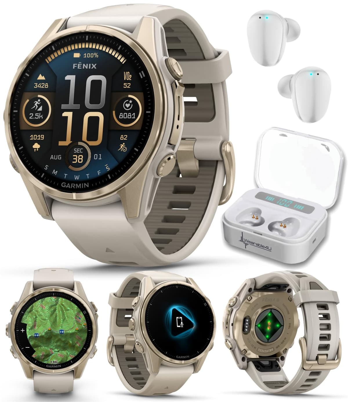 Wearable4U Garmin Fenix 8 43 mm Sapphire AMOLED Multisport GPS Smartwatch Soft Gold con correa Fog Gray TWS X7-1