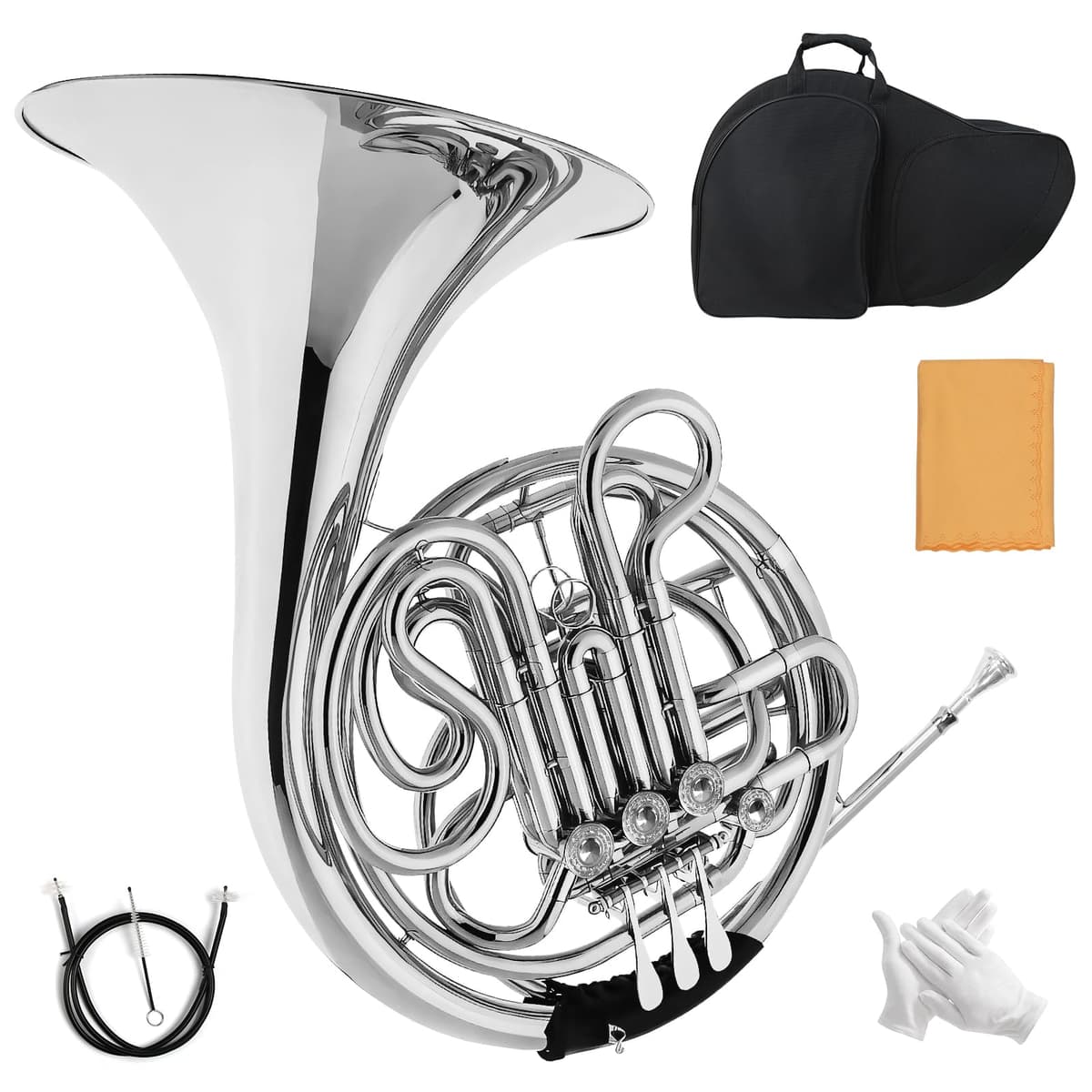 YueChun Trompa doble (French horn) F/B 4 pistones, latón selecto, diseño desmontable, incluye mochila y accesorios (plateado) GDFH-1