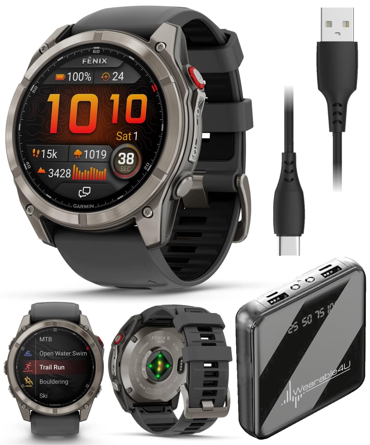 Wearable4U Garmin Fenix 8 Pro 51mm - AMOLED, inReach, Zafiro Titanio, paquete con PowerBank 010-02778-10