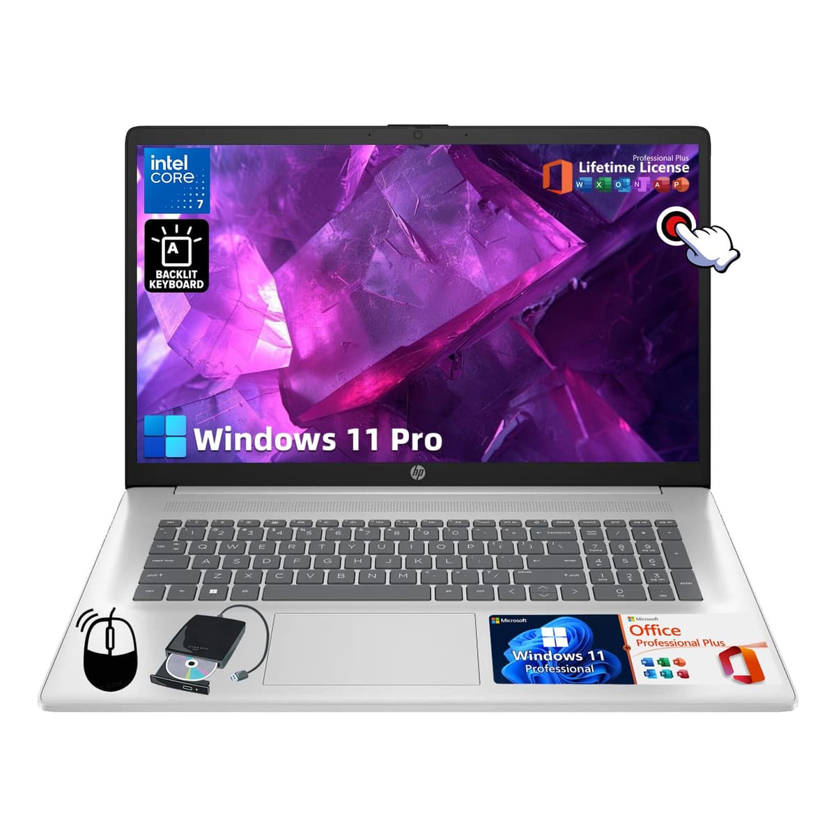 HP 17 Laptop Touchscreen - Intel Core 7 150U, Windows 11 Pro, Office Lifetime, 32GB RAM, 1TB SSD