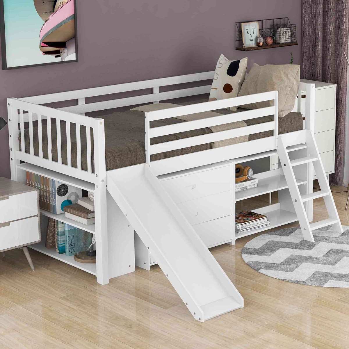 Cotoala Cama Twin Low Loft con Estanterías y Cajones 3 Niveles, Escalera Convertible y Tobogán, Blanco NO