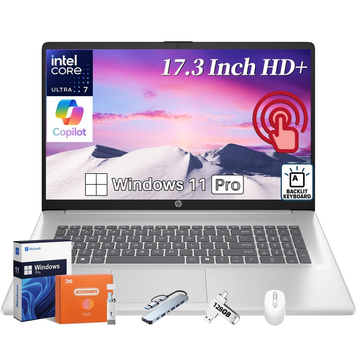 HP 17 Laptop empresarial con pantalla táctil, 17.3" HD+ táctil 250 nits, Intel Ultra 7 255U, 64 GB DDR5, 4 TB SSD, tecla Copilot, teclado retroiluminado, Wi-Fi 6, Bluetooth 5.4, Windows 11 Pro, con accesorios HP Laptop