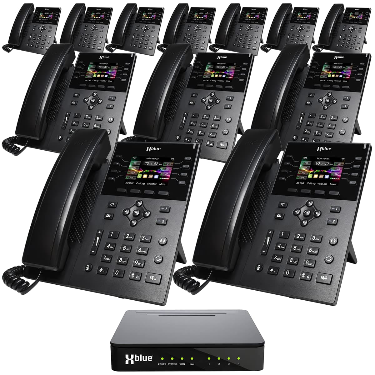 XBLUE QB1 System Bundle con 12 teléfonos IP8g incluyendo Atendedor Automático, Buzón de Voz, Extensiones a Celular y Remotas y Grabación de Llamadas qb1-ip8g-4x12