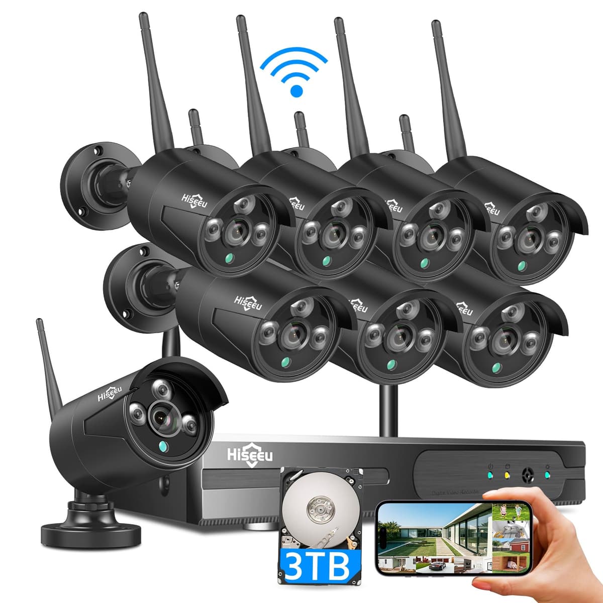Sistema de Cámaras de Seguridad Inalámbricas Hiseeu, NVR 16CH 5MP para Exteriores, Kit de 8 Cámaras WiFi, Sistema de Seguridad Residencial Enchufable, Detección de Movimiento, IP66, HDD 3TB, Sin Cuotas Mensuales WK-8HB615B-CTus