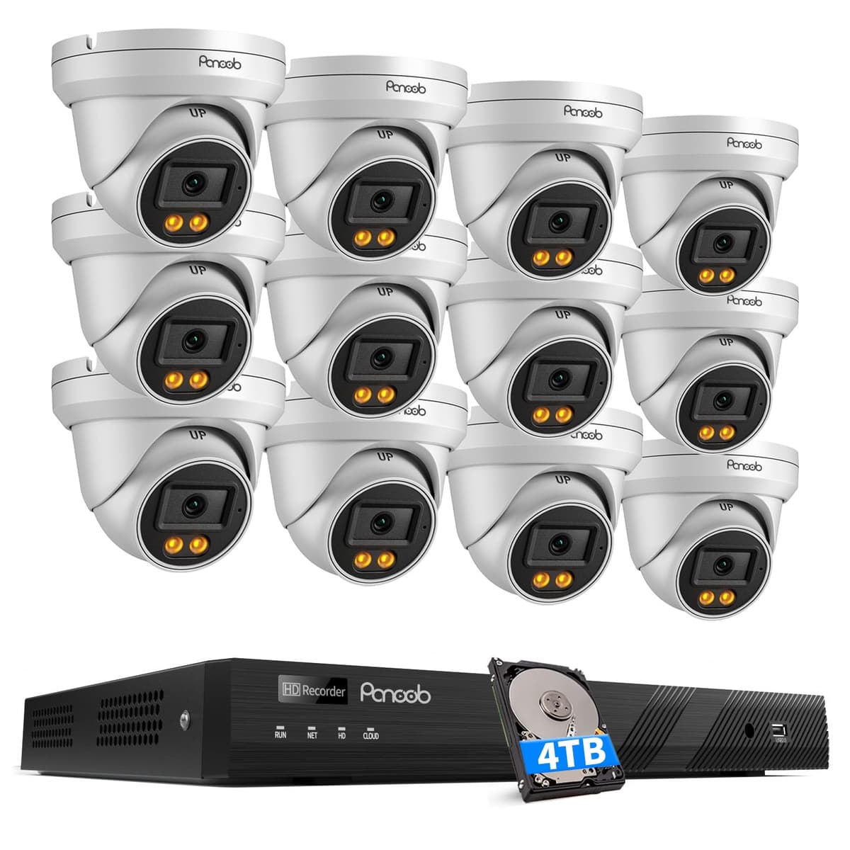 PANOOB Sistema de Cámaras 16 Canal 4K PoE, 12x Cámaras IP 8MP Dome, Visión Nocturna a Color, NVR 16CH 4TB PD93BA1216-8MD
