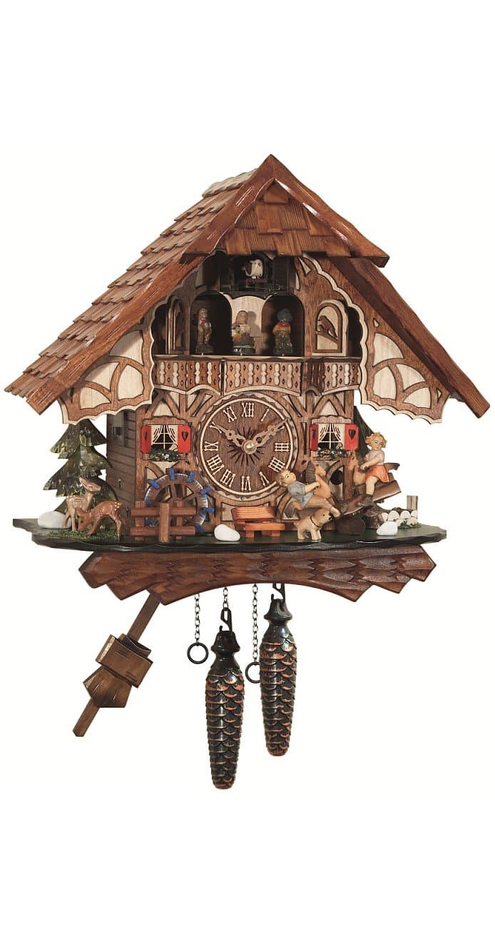 Engstler ISDD Quartz Cuckoo Clock Casa del bosque negro, rueda de molino giratoria, balancín en movimiento EN 4916 QMT