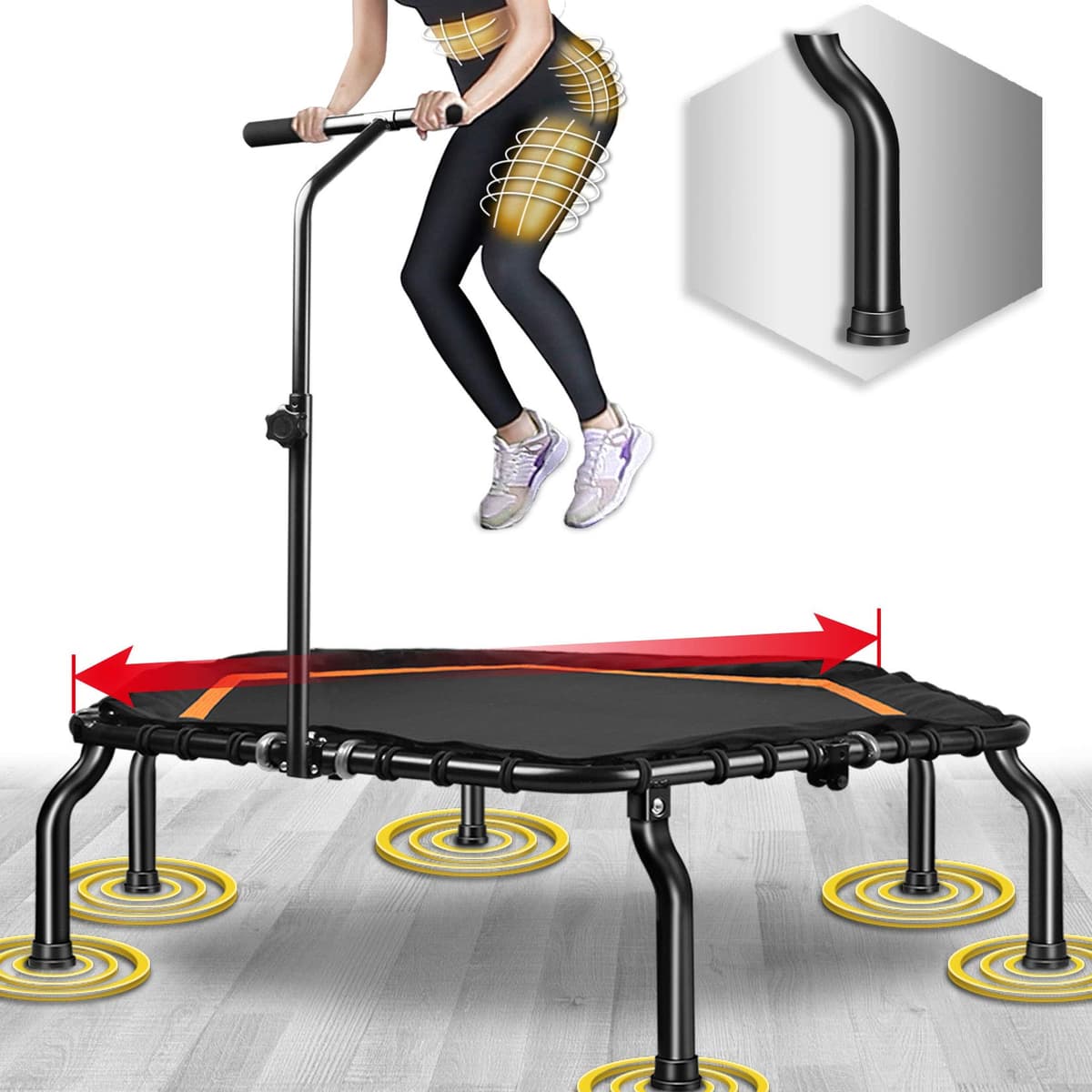 Happy Jump Trampoline Fitness Mini Trampolín Indoor - 50" con Cuerdas Bungee y Manillar Ajustable