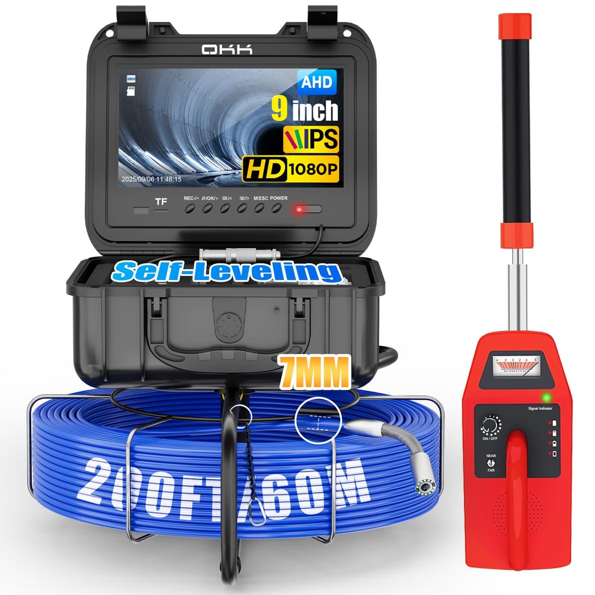 okk Cámara para alcantarillado con localizador 200ft, auto-nivelante, DVR, pantalla 9" HD, cable 7mm, IP68, 32GB