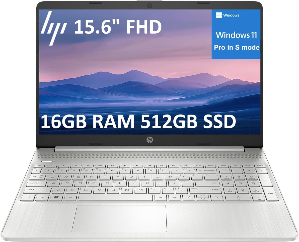 ist computers HP 15 portátil para negocios y estudiantes (15.6" FHD, Intel i3-1215U de 6 núcleos, 16 GB RAM, 512 GB SSD), biseles estrechos, lector de huellas, batería de 10 horas, cámara web, teclado numérico, HDMI, Windows 11 Pro en modo S Laptop 15