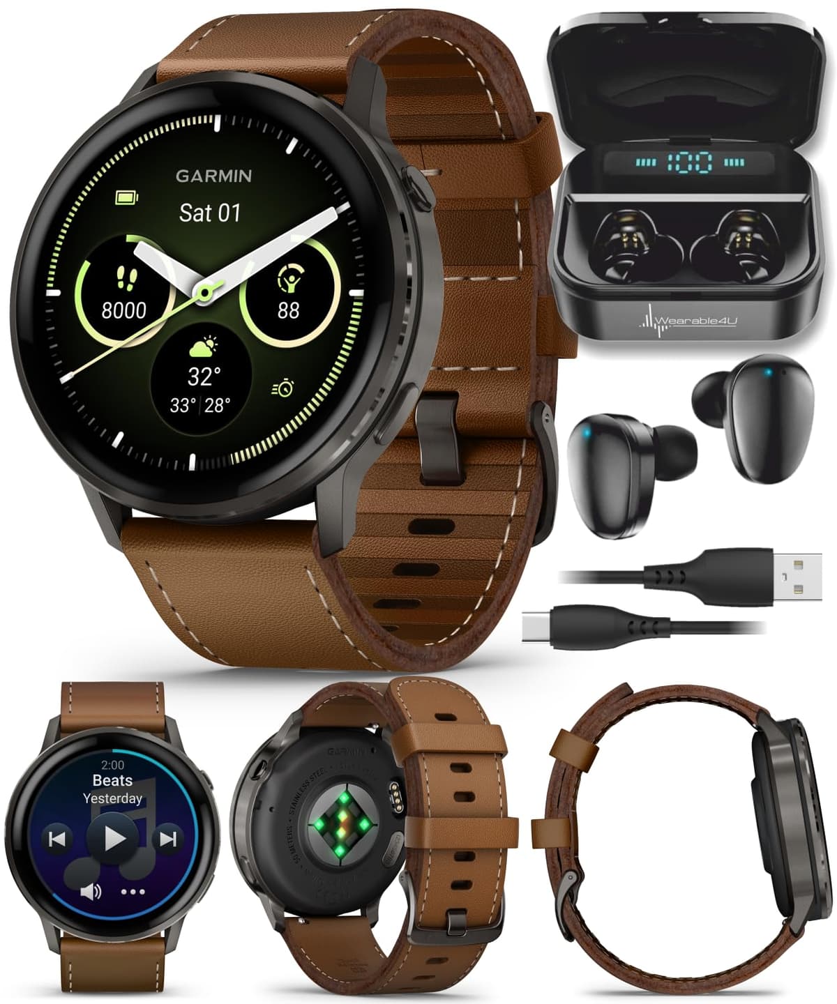 Garmin Venu 4 45 mm Slate con correas negra y cuero marrón y auriculares Wearable4U negros TWS X7