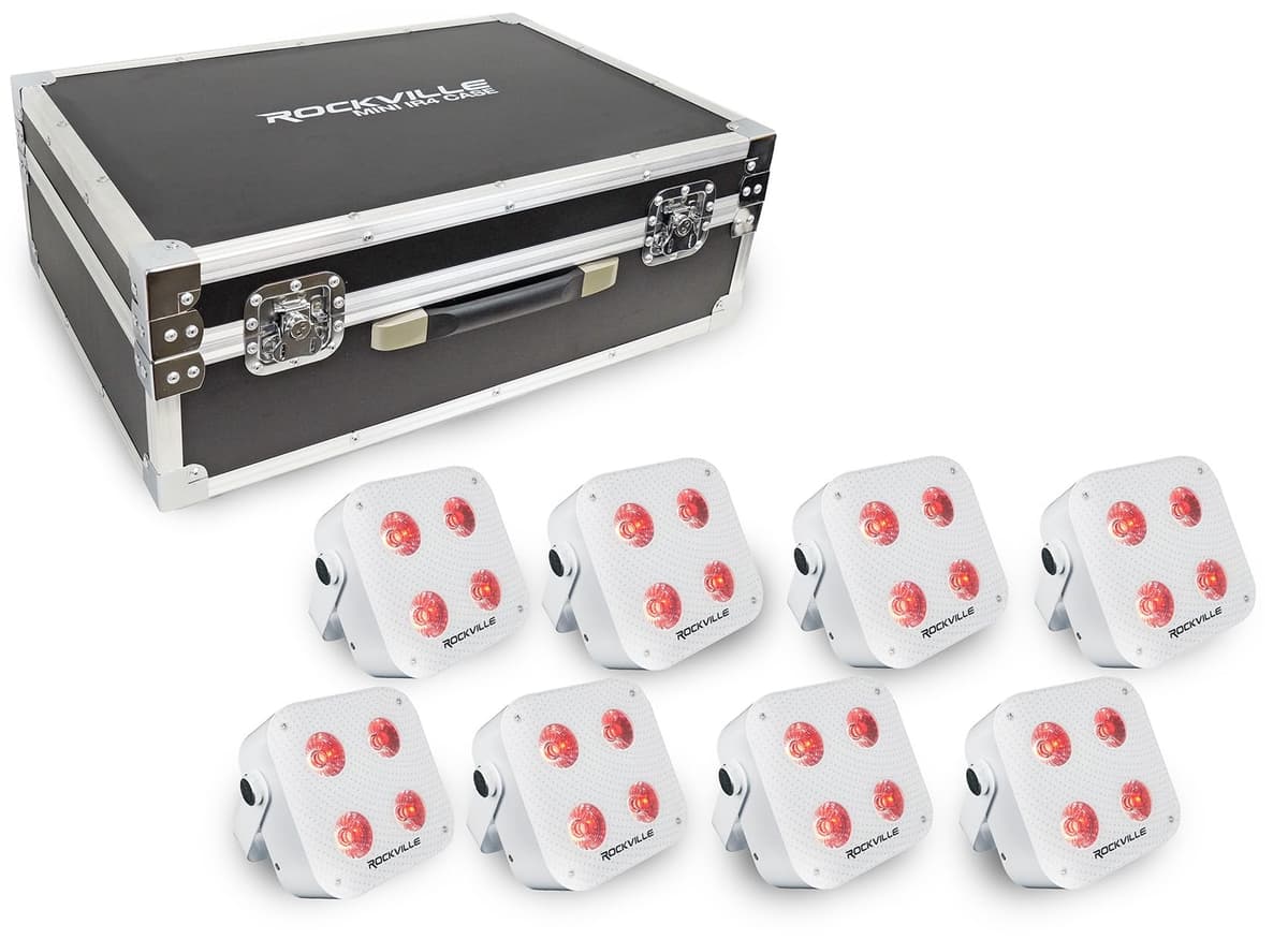 Rockville MINI IR4 Charge Package White - Paquete 8 luces par recargables RGBWA+UV con estuche de carga