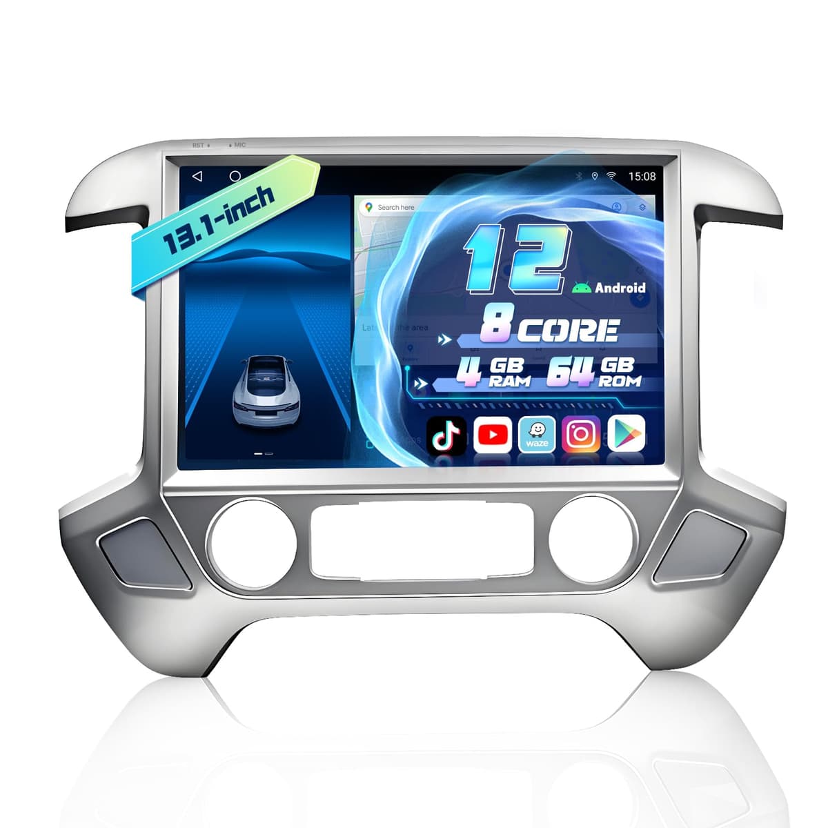 Gearzbtor Estereo para Auto de 13.1 pulgadas 8 nucleos 4+64G para Chevy Silverado GMC Sierra 2014-2018 WiFi 5 GHz Pantalla 2K Radio Silverado CarPlay inalambrico Android Auto BT GPS 48EQ FM/RDS Camara de retroceso MIC, Silver