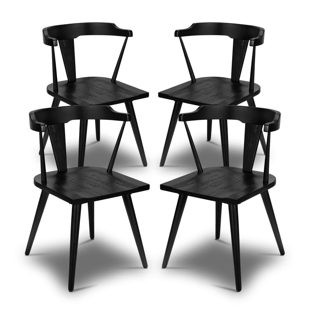 POLY & BARK Enzo Silla de Comedor Negra Mid Century en Madera de Roble Macizo - Juego de 4 DI-A7471-001-X4