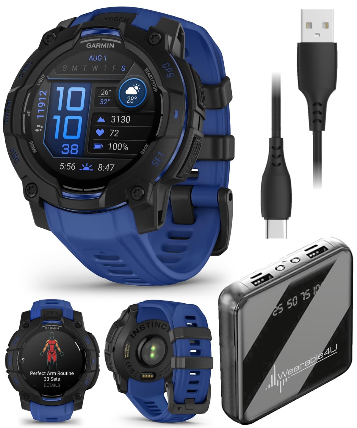 Wearable4U Garmin Instinct 3 Reloj Inteligente GPS Resistente para Exteriores - 45 mm AMOLED, Colección Supernova, Edición Limitada, Seguimiento de Salud y Fitness, Linterna Integrada, Azul Rayo/Negro con Paquete PowerBank