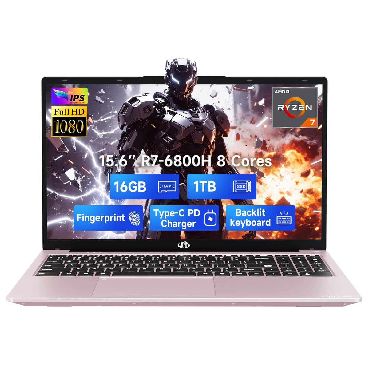 NIMO Laptop para juegos 15.6" IPS FHD, Ryzen 7 6800H de 8 núcleos, 16GB DDR5, 1TB SSD (mejor que i7-12700H, hasta 4.7GHz), GPU AMD Radeon 680M, USB-C GaN 100W, teclado retroiluminado con huella dactilar ARN21S