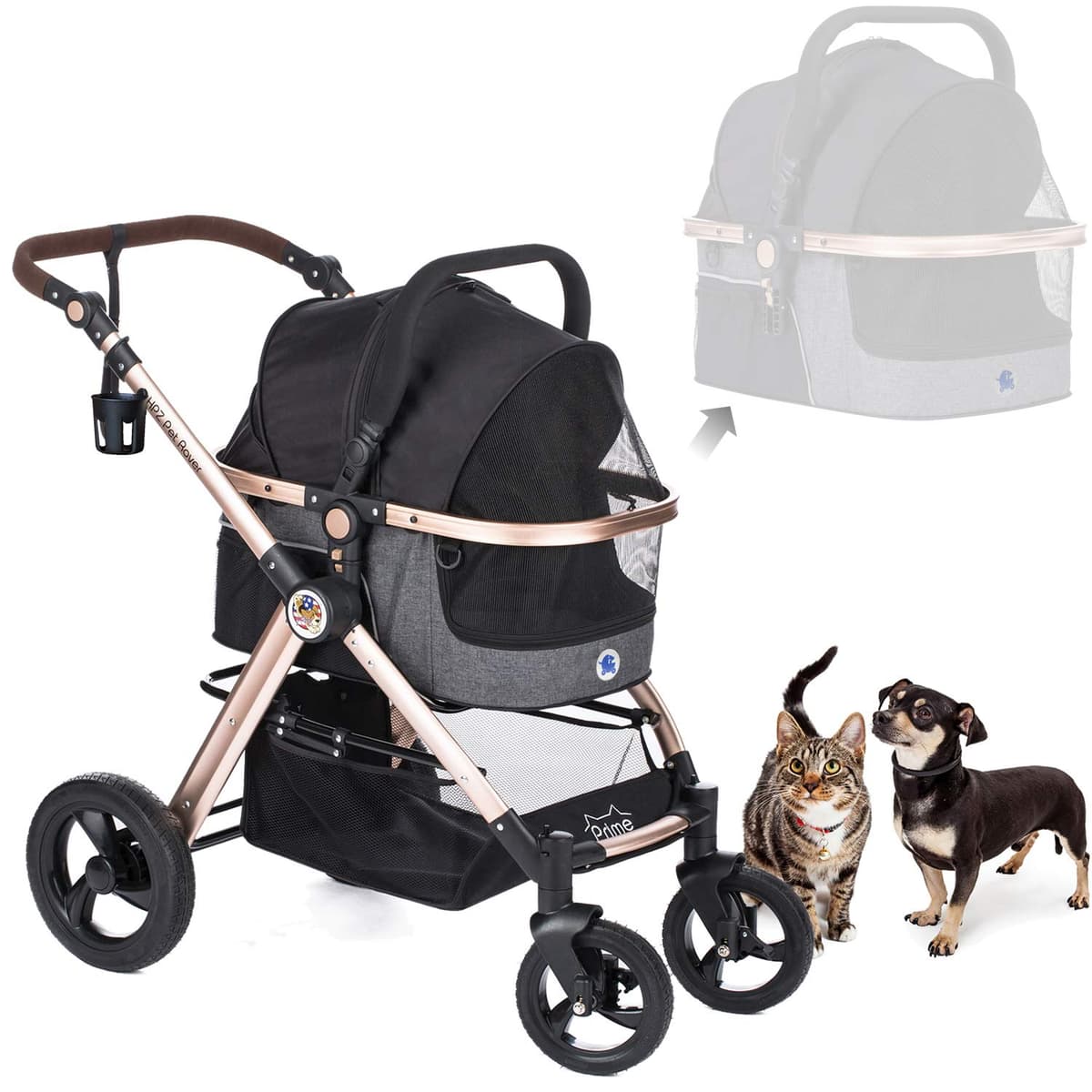 Carrito de Lujo para Perros/Gatos HPZ Pet Rover Prime 3 en 1 (Transportadora + Asiento de Auto + Carrito) con Transportadora Desmontable/Ruedas de Goma Sin Bomba/Marco de Aluminio/Mango Invertible para Mascotas Medianas y Pequeñas (NEGRO) DS134